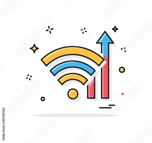 Strong signal strength badge showing a WiFi icon with fully filled arcs and a tiny upward arrow, expressing optimal performance and fast browsing. The balanced