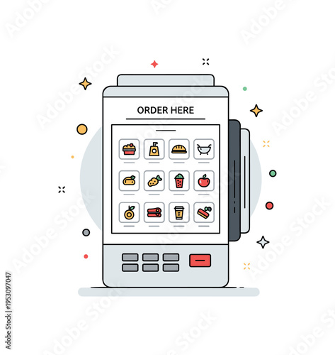 Digital ordering kiosk concept illustrated by a minimal terminal showing food item icons arranged in clear rows. A subtle ?Order Here? label reinforces