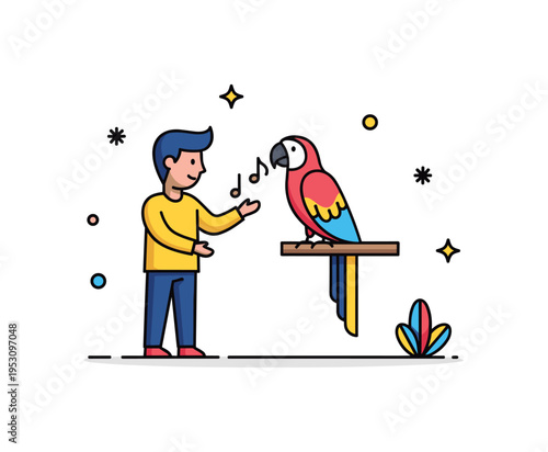Person teaching a parrot to mimic sounds, standing near a perch with colorful feathers, highlighting interactive learning and joyful companionship. Minimalist