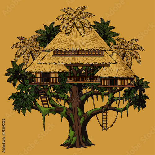 Vibrant vector illustration of a multi-level tropical treehouse village with thatched roofs, nestled in a large tree surrounded by lush jungle foliage.