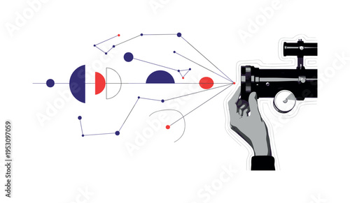 Black and white hand adjusting a telescope focus wheel, thin linear elements extending into abstract constellations, semicircles and circular shapes