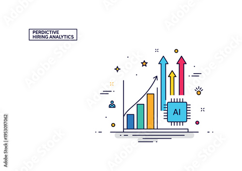 Predictive hiring analytics featuring a bar chart integrated with a small AI chip symbol, while upward arrows suggest performance forecasting and strategic