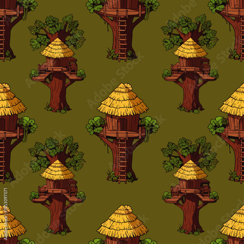 Seamless pattern of rustic treehouses with thatched roofs, surrounded by lush green foliage, on a muted olive background.