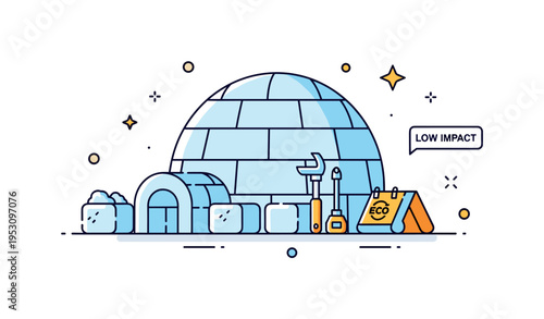Modernized igloo assembly scene highlighting carefully aligned snow blocks and a compact eco toolkit. A small ?Low Impact? caption reinforces minimal