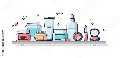 Luxury skincare and makeup display on a bright shelf with jars, tubes, and compact cases, highlighting beauty, freshness, and indulgence. Minimalist flat