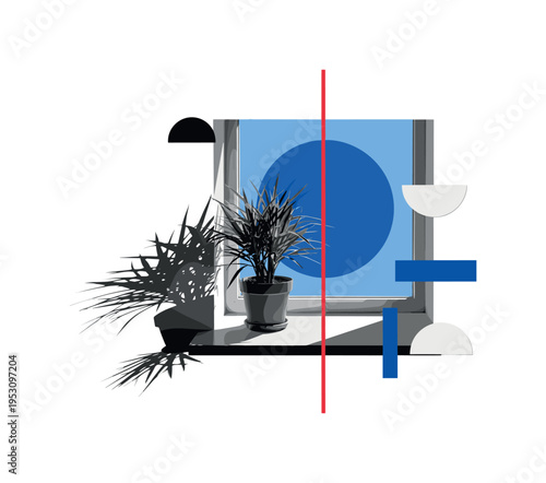 Black and white potted plant placed on a window sill, leaves casting sharp shadows, large blue circle behind the window opening symbolizing sky, thin red