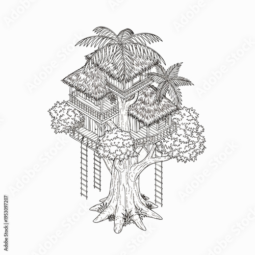 Hand-drawn sketch of a multi-level treehouse with thatched roofs, palm trees, and ladders, set against a white background.