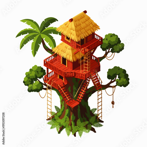 Exotic Treehouse in Lush Jungle with Tropical Plants and Ladders, Adventure and Nature Concept
