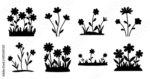 Black Silhouette Vector Set of Various Flowers and Grass Tufts on White
