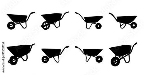 Various silhouettes of wheelbarrows against a white background, perfect for agriculture themes
