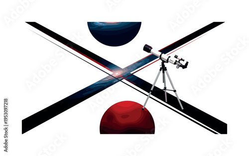 A monochrome telescope on a minimal stand intersected by dramatic diagonal lines, oversized circular shapes representing distant galaxies positioned