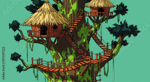 Whimsical Treehouse Village with Rope Bridges and Thatched Roof Huts in a Lush Green Jungle Setting