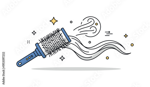 Professional blowout styling round brush wrapped with flowing strand of hair and directed airflow icon nearby. A compact concept illustration about volume,