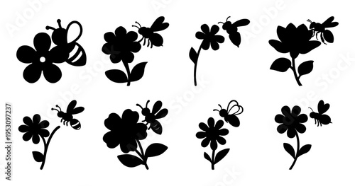 A Collection of Black Silhouette Flowers and Bees on a White Background