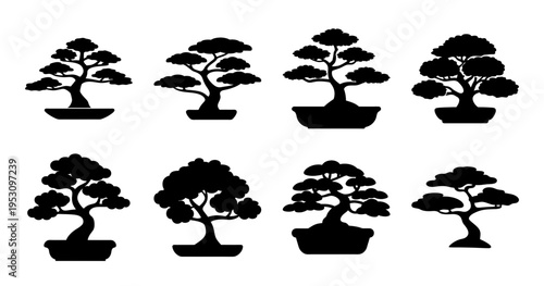 Collection of Eight Stylized Bonsai Tree Silhouettes in Potted Containers on White Background