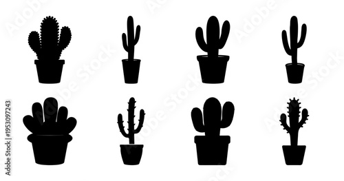 Various cactus silhouettes in pots, a collection of desert flora art