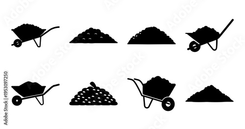 Various Piles of Soil, Dirt and Aggregate Along with Loaded Wheelbarrows
