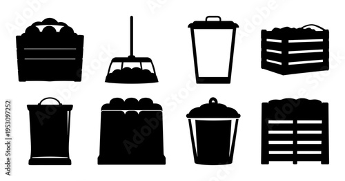 Black and white vector illustration of various cleaning and storage container icons