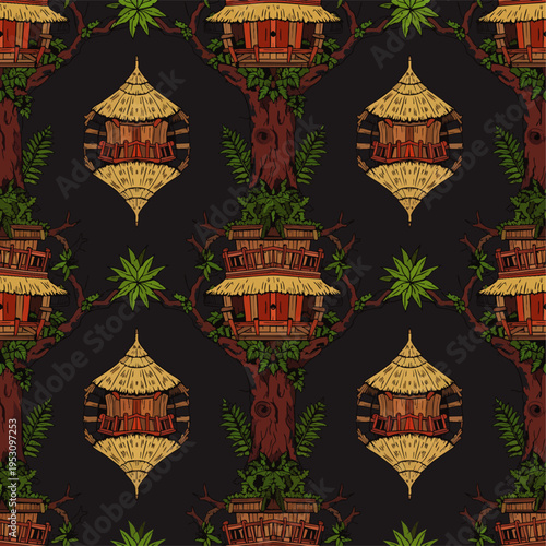 Seamless pattern of whimsical treehouses with thatched roofs nestled in lush green foliage against a dark background