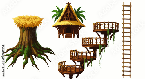 Fantasy treehouse elements with wooden ladder and tropical hut, isolated on white background
