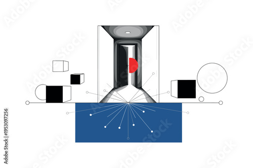 Black and white interior hallway perspective with door at the end slowly closing, bold red circular accent centered near the gap, deep blue rectangle grounding