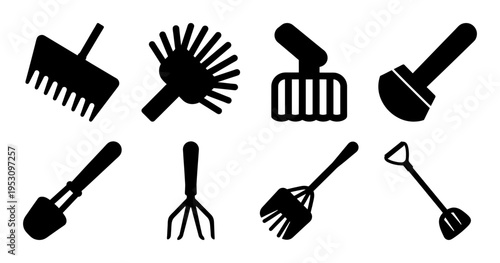 A visual representation of various gardening tools in a simplified graphic style