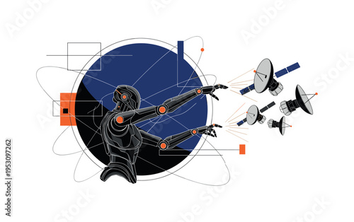 A monochrome futuristic robot with dual arms extended toward a satellite array, abstract geometric rectangles and thin orbit lines structuring the scene,