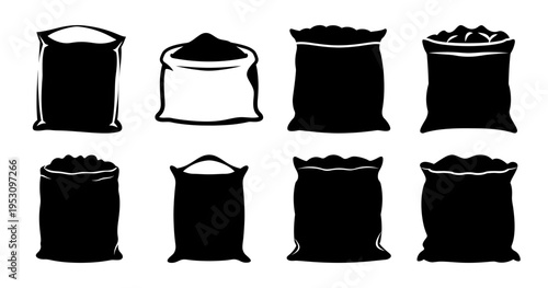Collection of Different Shaped Flour or Grain Sacks in Black and White