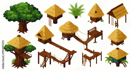 Collection of isometric tribal huts and treehouses with thatched roofs, jungle plants and large tree