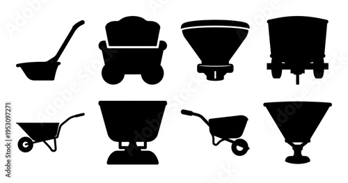 Silhouettes of farming and gardening equipment tools for soil and fertilizers