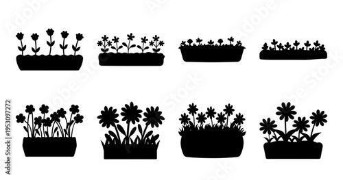 Black Silhouette Collection of Flowers and Plants Growing in Pots and Beds