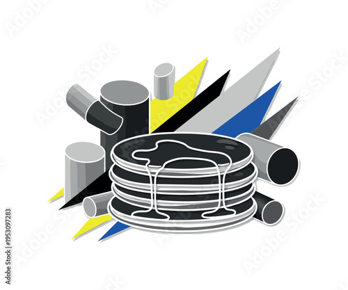 Black and white stack of pancakes with syrup dripping as the focal object, geometric cylinders and sharp diagonal lines creating dynamic composition, bright