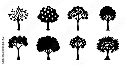 Collection of eight different tree silhouettes isolated on a white background