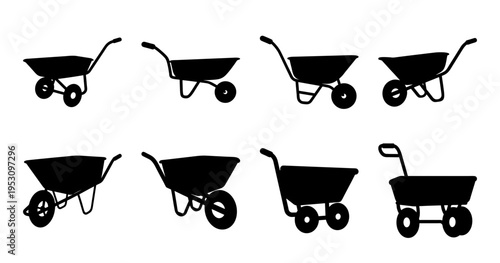 Collection of wheelbarrow silhouette illustrations with varied designs and wheel configurations
