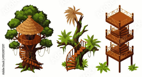 Set of three isometric treehouses and jungle structures with wooden stairs and lush greenery, vector illustration