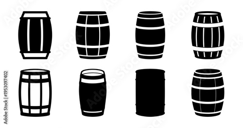 Collection of stylized barrel illustrations in a minimal black and white design