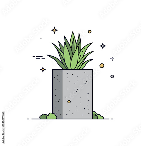 Architectural garden planter illustration showing a tall square concrete pot with structured plant arrangement, expressing stability and structured design. The