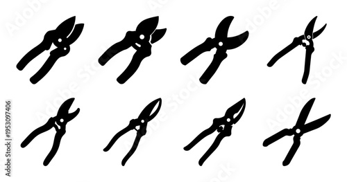 Collection of Eight Black Silhouette Pruning Shears on a White Background