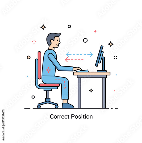 Professional office posture guide illustrated by a side view silhouette aligned with a desk and monitor. Subtle arrow indicators and a gentle
