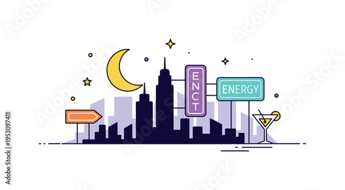 City nightlife atmosphere simplified skyline silhouette with a crescent moon, neon style sign shapes and a small cocktail glass symbol suggesting evening