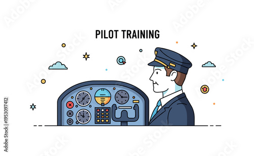 Pilot training small cockpit dashboard with stylized gauges and a confident pilot silhouette in profile. A compact editorial illustration about skill