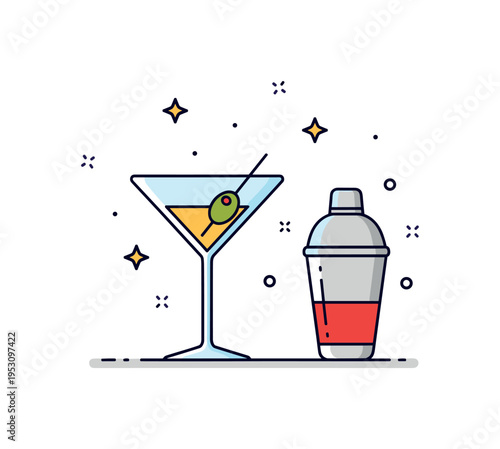 Cocktail bar scene illustrated by a simple martini glass with olive garnish and a small shaker icon beside it, representing mixology craft and