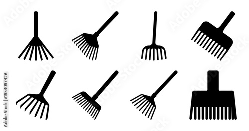 Various styles of rakes, representing different purposes, in silhouette images