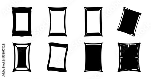 Collection of eight unique black and white pouch packaging design alternatives