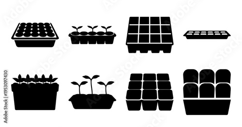Various types of seed starting trays and containers used in horticulture