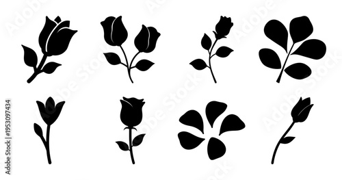 Monochrome silhouette flowers arrangement with roses, tulips, and abstract floral shapes