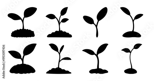 Black and White Silhouette Illustrations of Seedlings in Soil Ready for Planting