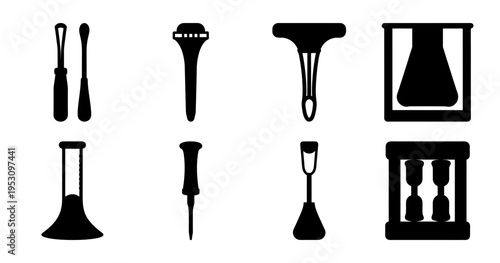 Black Silhouettes of Laboratory Equipment on a White Background in Two Rows