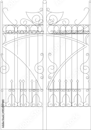 Technical architectural elevation drawing showing ornate wrought iron gate with elaborate scrollwork, vertical bars, arched design and decorative finials.