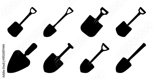 Collection of Silhouette Shovel Icons in Various Shapes and Orientations for Gardening